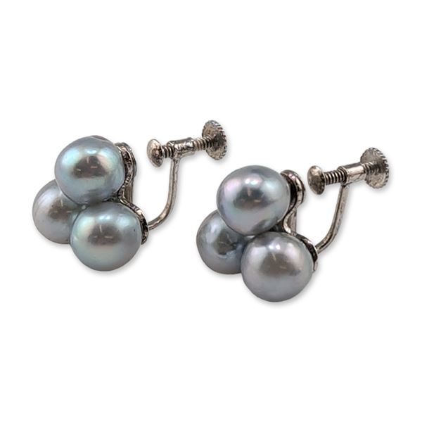 Pair of Silver Gray Pearl Screw-Back Earrings
