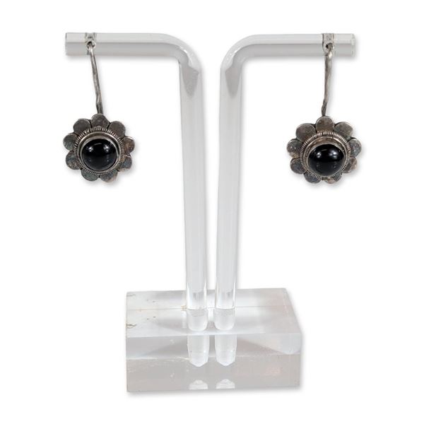 Pair of Sterling Silver Onyx Flower Earrings