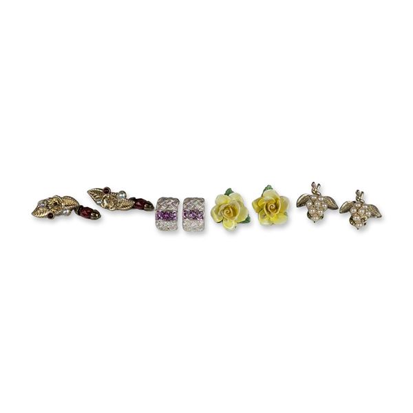 4 Pairs of Vintage Mixed Metal and Porcelain Clip-On Earrings