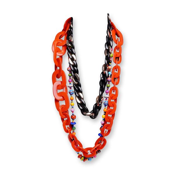 Three Piece Collection of Costume Jewelry Necklaces Including Acrylic Curb Link and Multi-Colored Be