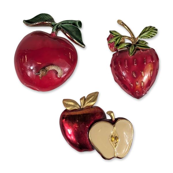 Trio of Vintage Enameled Fruit Brooches