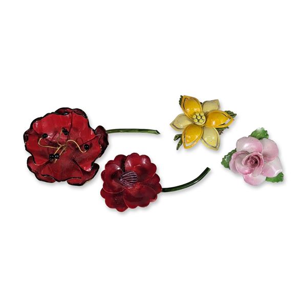 4pc Vintage Floral Enameled and Porcelain Brooches