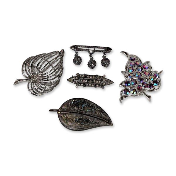 5pc Vintage Silver Tone and Sterling Brooches