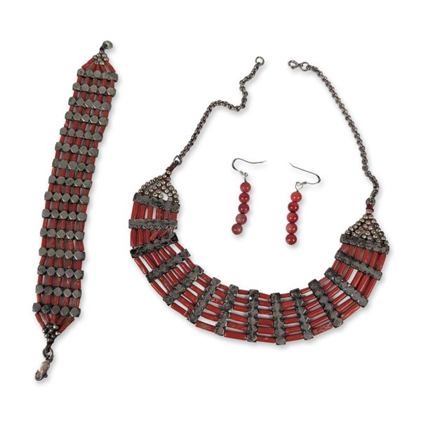 4pc Indian Style Red Coral and Metal Jewelry
