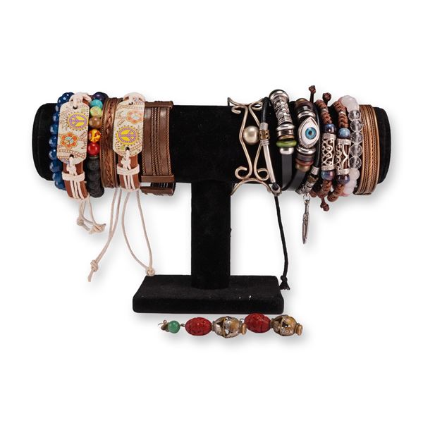 14pc Costume Jewelry Collection Including 12 Bohemian Style Bracelets and a Pair of Earrings