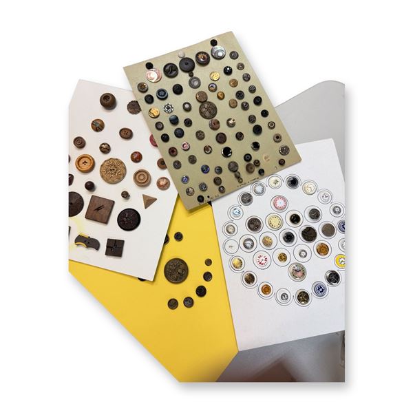 A BOX LOT OF ASSORTED CARDS & ASSORTED MATERIAL BUTTONS