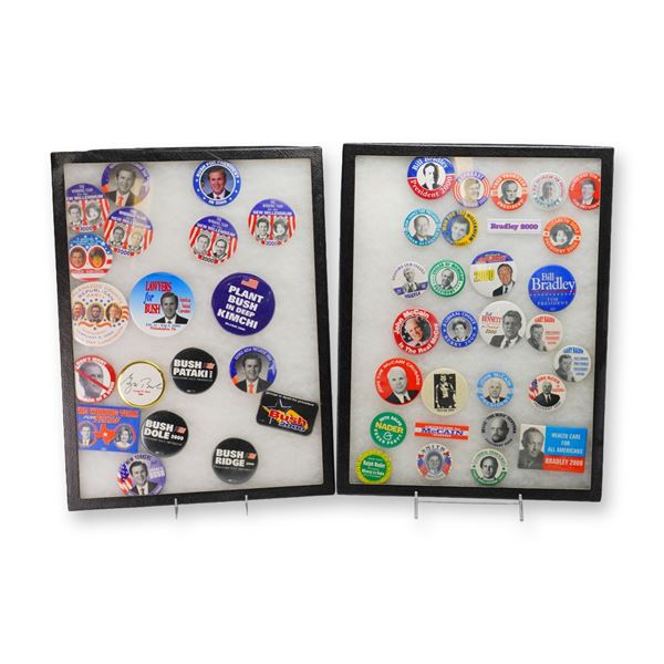 A Collection of US Political Campaign Buttons and Pins in Two Display Trays