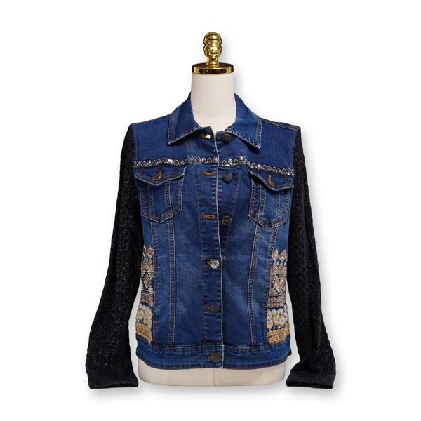 Contemporary Desigual Denim Jacket with Black Knit Sleeves and Embroidery Detailing