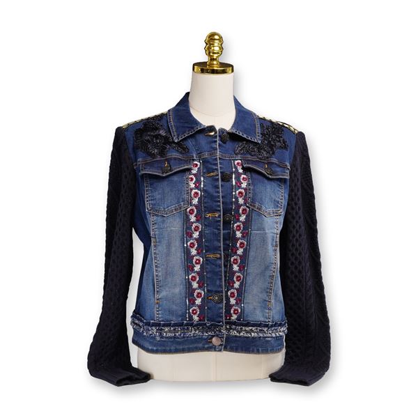 Desigual Mixed-Media Denim Jacket with Floral Embroidery and Sequin Details