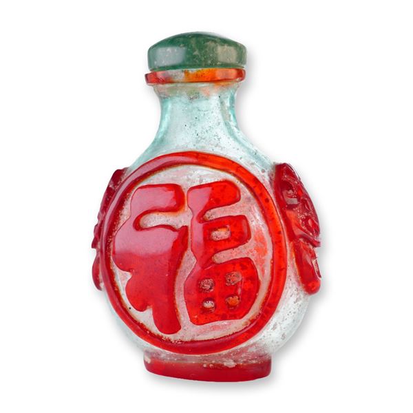 Peking Glass Overlay Snuff Bottle, Light Green with Red Character Panels