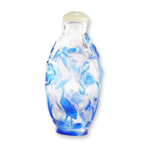Peking Glass Snuff Bottle, Blue Overlay Lotus and Crane