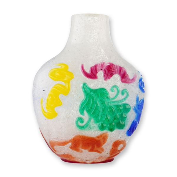 Peking Glass Snuff Bottle, Multi-color Overlay Deer, Bats, and Squirrels