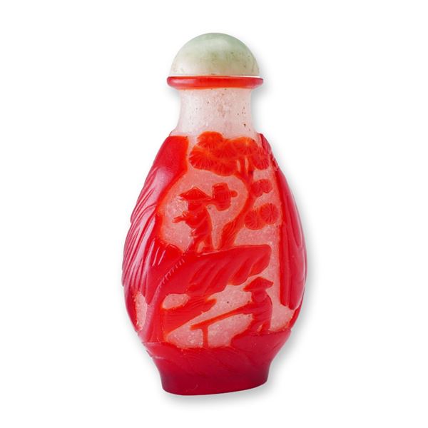 Peking Glass Snuff Bottle, Red Overlay Landscape with Villagers