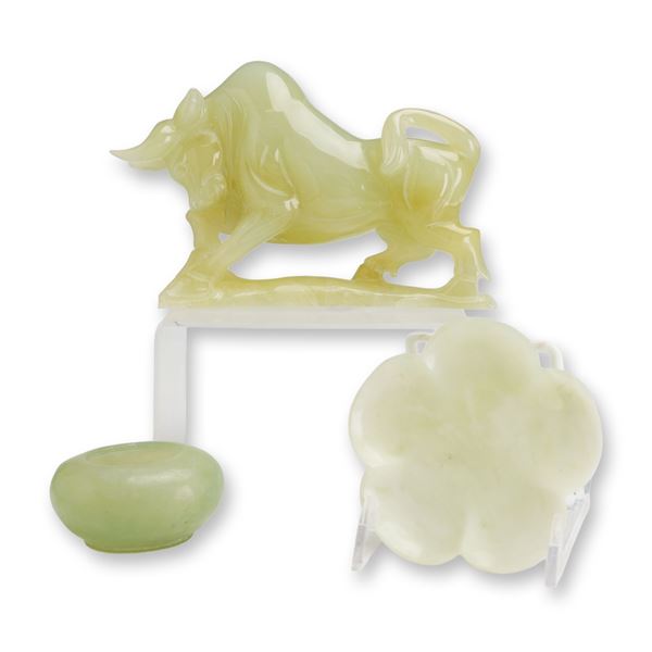 Three Chinese Style Carved Hardstone Figurine, Trinket Tray and Salt Cellar