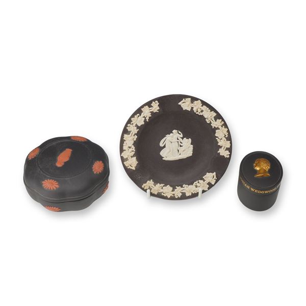 3pc Wedgwood Black Basalt Boxes and Ashtray