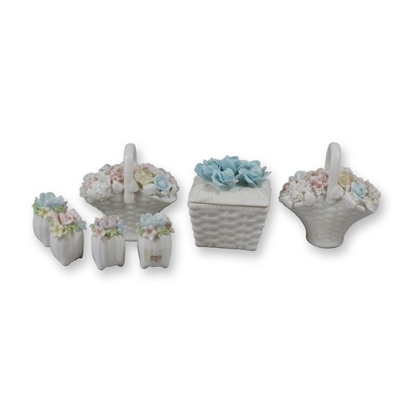 A Lot of 7 Floral Porcelain Items Including Irice Trinket Box, Baskets, and Ardalt Salt and Pepper S