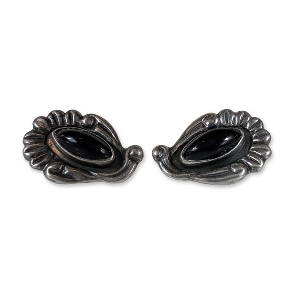 Pair of Mexican Sterling Silver and Black Stone Earrings