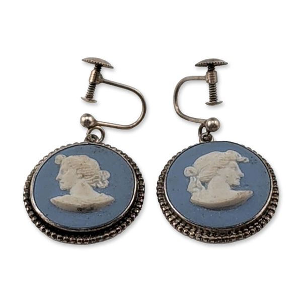 Pair of Wedgwood 1956 Jasperware Cameo Silver Earrings
