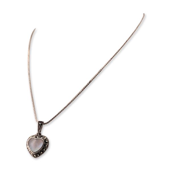Sterling Silver Marcasite and Mother-of-Pearl Heart Necklace