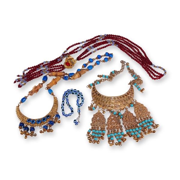 Set of Four Mediterranean Style Jewelry Pieces Including One Prayer Bead Strand and Three Necklaces