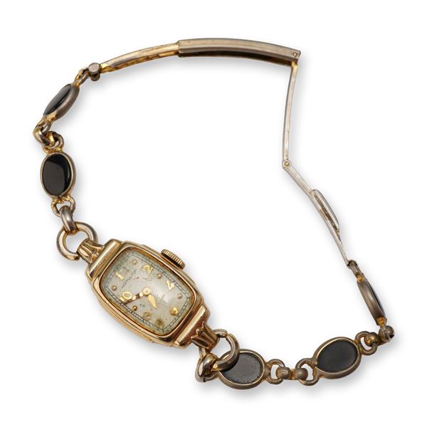Vintage Hamilton Ladies Wristwatch with Hadley 10K Gold Filled Black Cabochon Bracelet