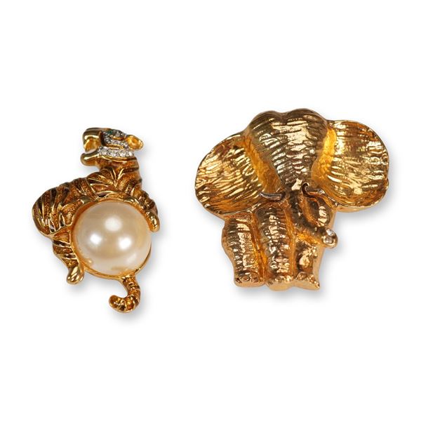 2pc Gold Tone Animal Brooch Set, Landau Tiger and Elephant