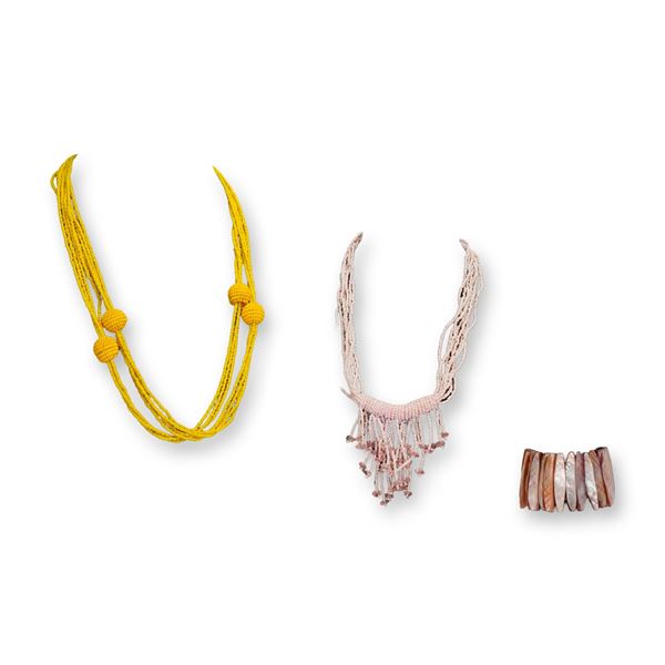 A Trio of Contemporary Beaded Necklaces and Shell Cuff Bracelet Set