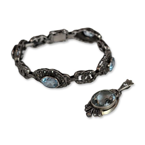 Two-Piece Art Deco Style Sterling Silver Blue Topaz Jewelry