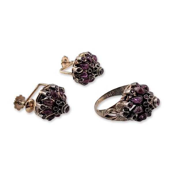 3pc Thai Princess Style Gold with Gemstones Ring and Screw-back Earrings