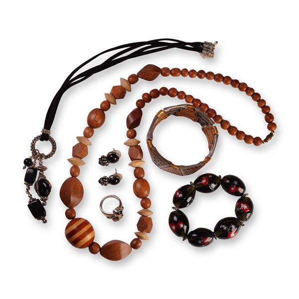 6pc Wood, Enamel, and Silver Tone Jewelry