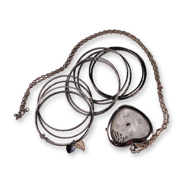 12pc Costume Jewelry, Watch Necklace, Charm Bangle and Gray Metal Bangles