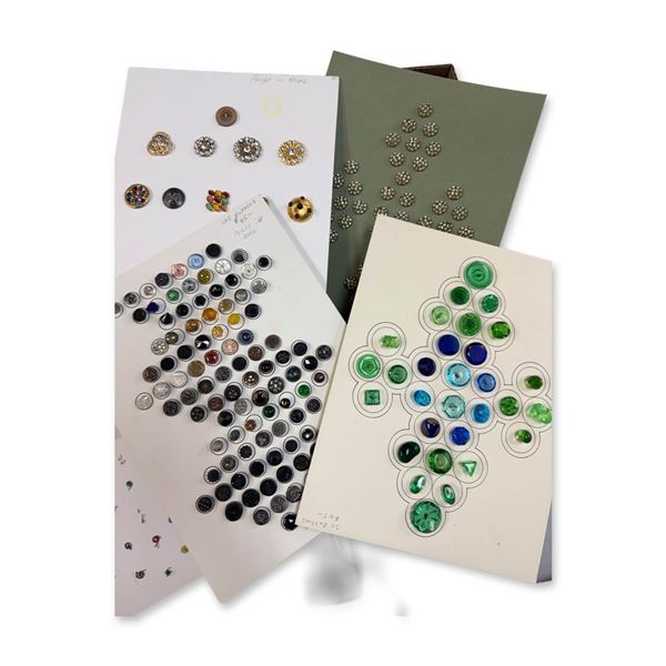 A BOX LOT OF ASSORTED CARDS & ASSORTED MATERIAL BUTTONS