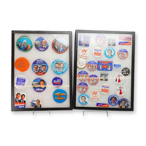 A Collection of American Presidential Campaign Buttons and Pins in 2 Tray Pin Display Cases