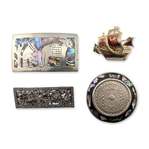 4pc Collection of Mexican and Spanish Brooches and Belt Buckle