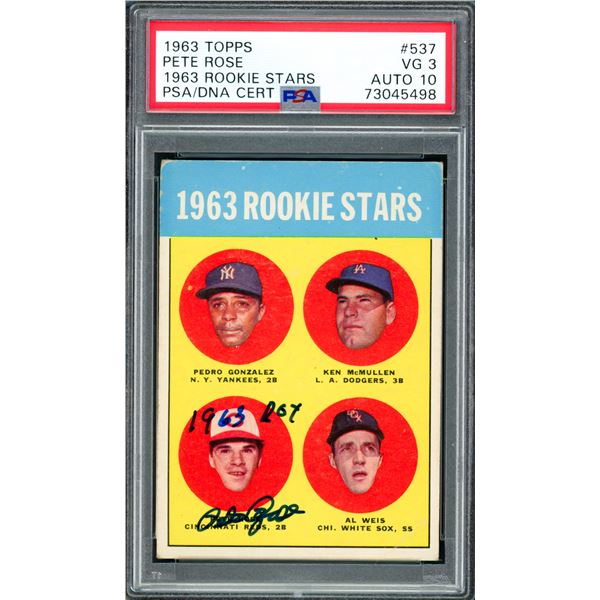 1963 TOPPS PETE ROSE ROOKIE STARS SIGNED TRADING CARD PSA GRADE 3/10