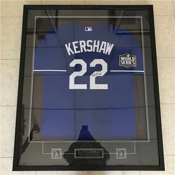CLAYTON KERSHAW SIGNED AND CUSTOM FRAMED L.A DODGERS WORLD SERIES JERSEY (MLB FANATICS COA)_