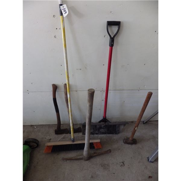 push broom, snow shovel, Pickaxe , sledgehammer, axes