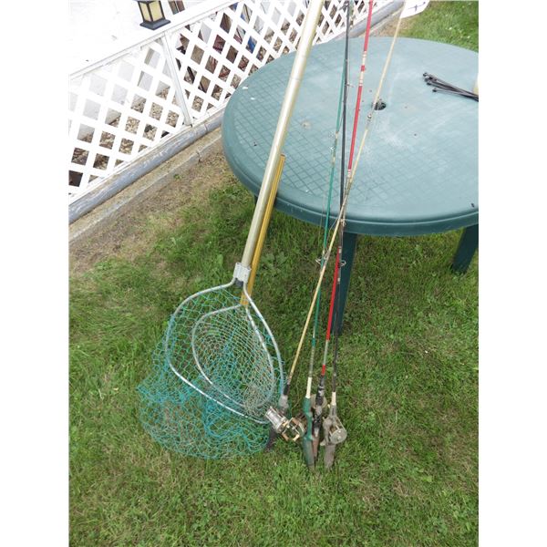 Fishing Rods with vintage reels and fishing nets
