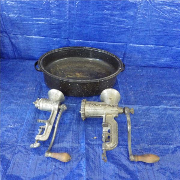 vintage hand vegetable and meat grinders And Oval roasting pan