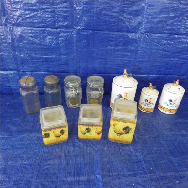 rooster themed canisters and other jars