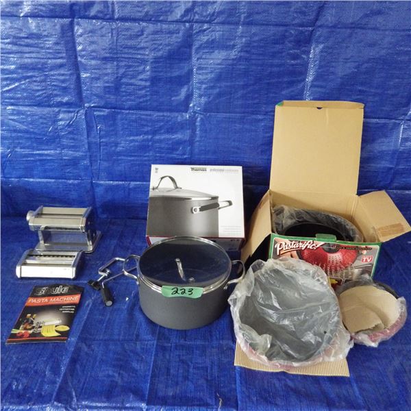 pasta machine, dutch oven with lid and drain and serve saucepans
