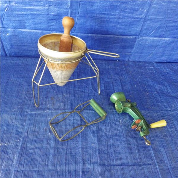 vintage colander cone food strainer with wooden pestle and stand etc