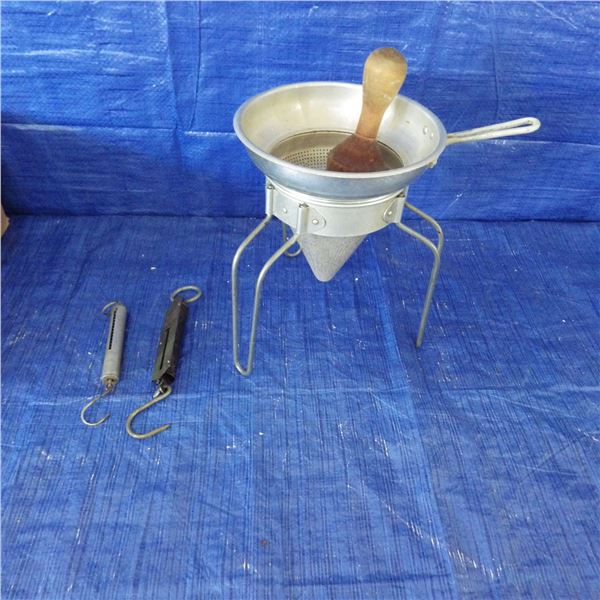 vintage colander cone food strainer with wooden pestle and scales