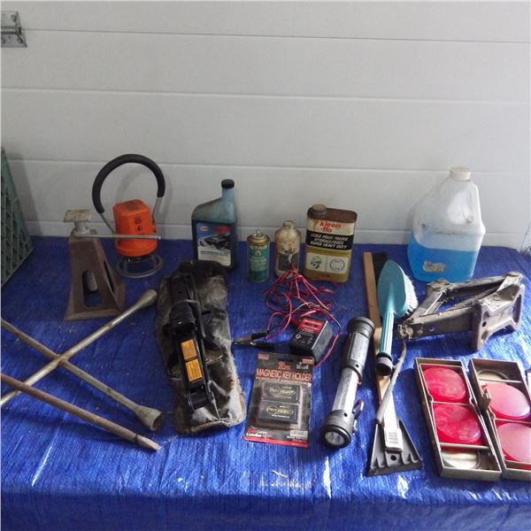 Car items , safety flares, Tire wrenches , miscellaneous fluids et cetera