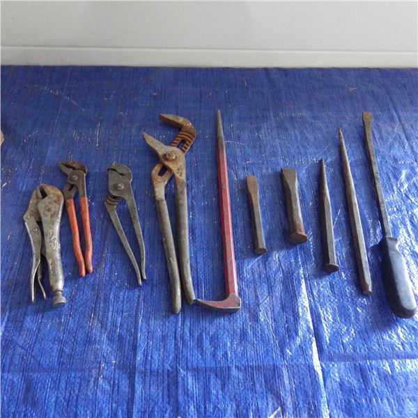 Chisels , Channel lock pliers , pry bars