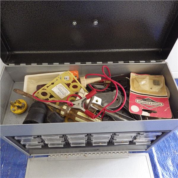 Small organizer with various bolts and screws and 12 Volt electrical items