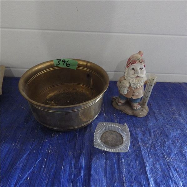 Brass flower pot and gnome rain Gauge