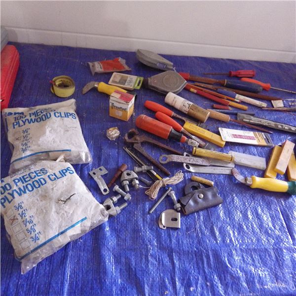 Plywood clips, screwdrivers , Chisels etcetera