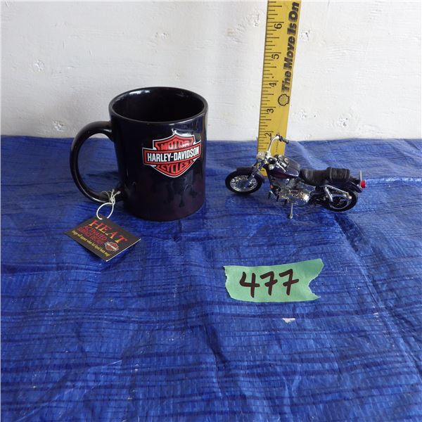 Harley Davidson coffee mug and miniature diecast motorcycle