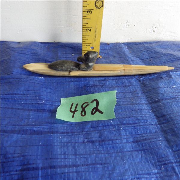 Inuit soap stone carving Hunter in a Kayak-- NO SHIPPING TO USA
